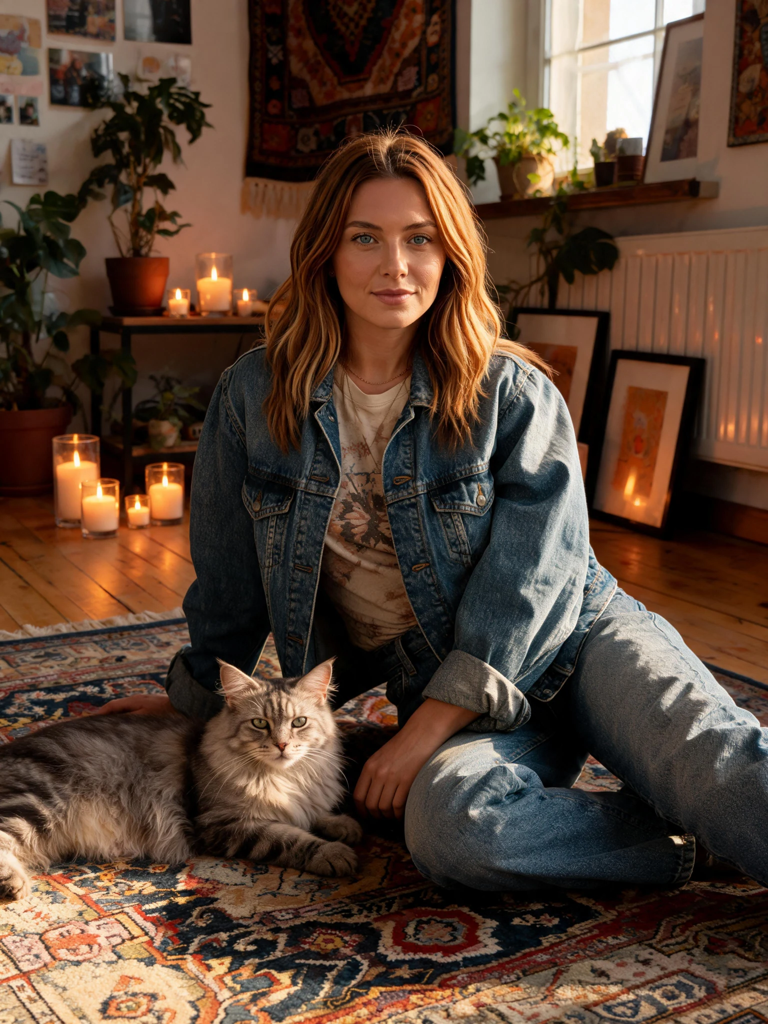 Laila mit kastanienrotem Haar und ihrer Maine-Coon-Katze Luna in einer gemütlichen Wohnung